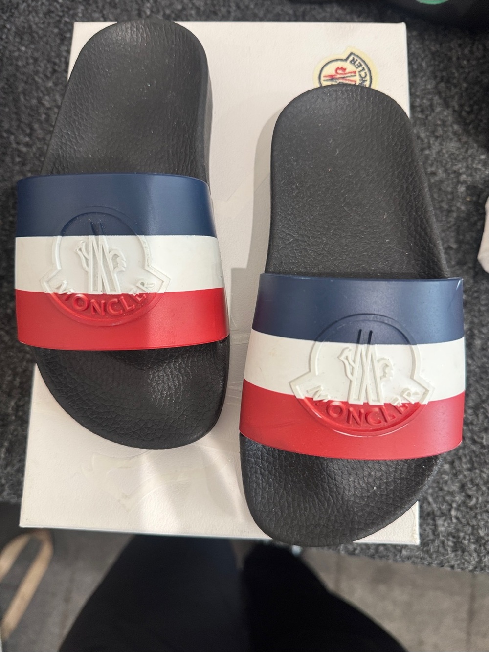 Moncler Navy White Red Tricolor Logo Slide Sandals